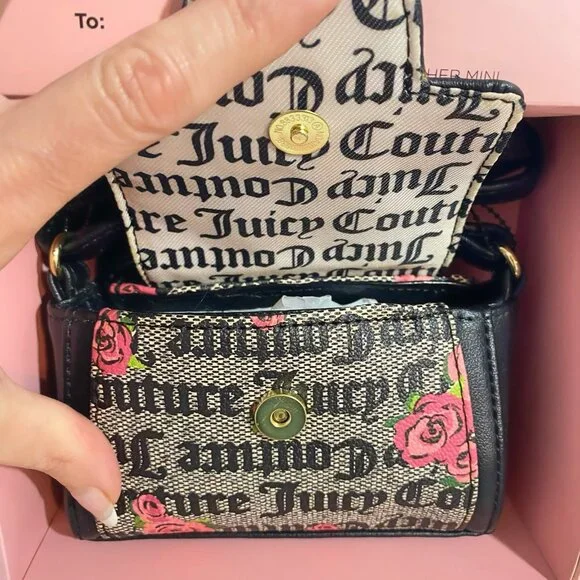 Juicy Couture Black Beige Logo Rose Print Mommy & Me Mini Crossbody Bags NWT - Picture 7 of 7